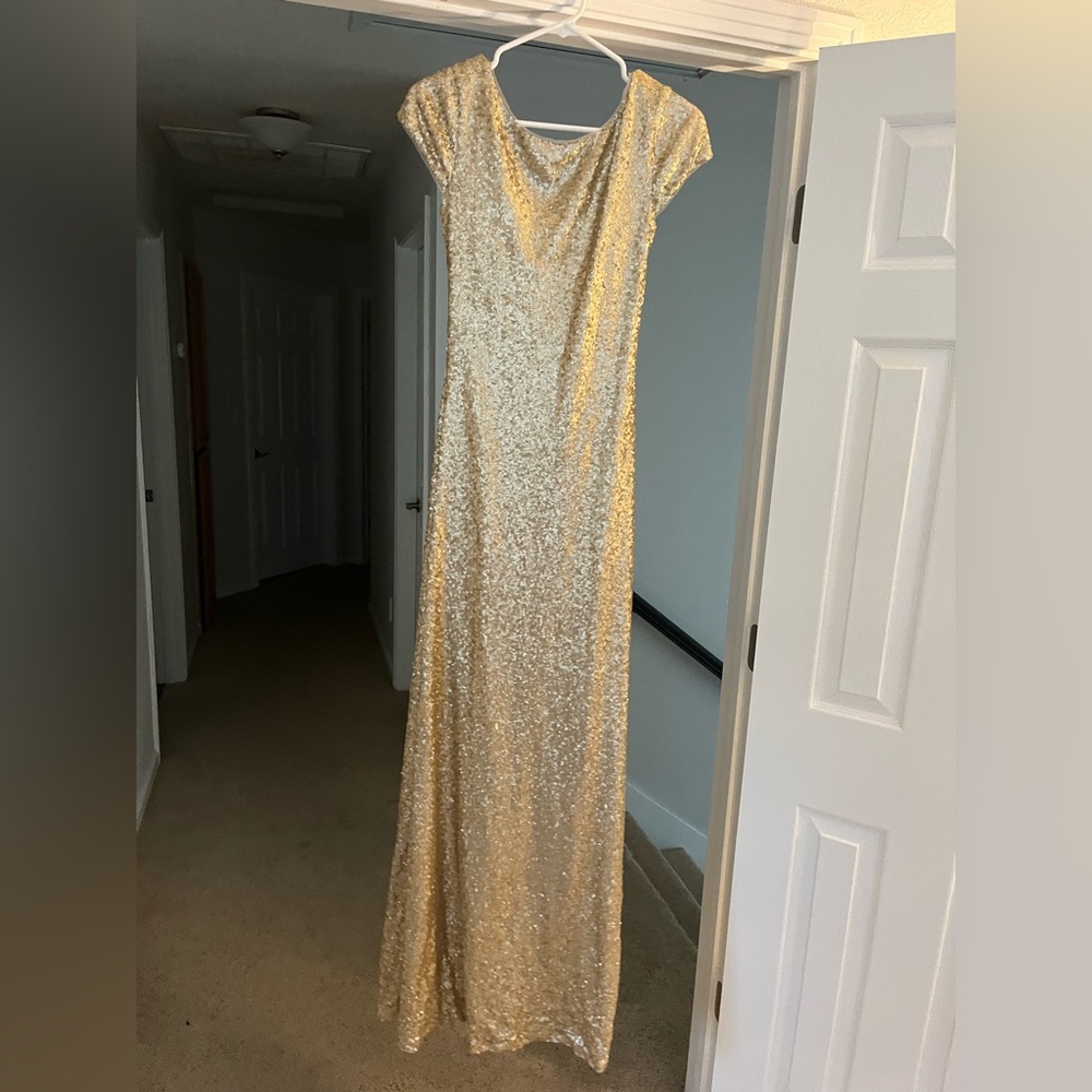 Revelry Gold Sequin Scoop Back Gown, size 2